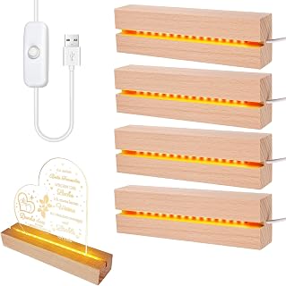 BORDEAG Base de Exhibición de Luces LED, 4 Piezas Base de Madera con Luz Led, Base de Madera Rectangular con USB para Placa Acrílica, Placa de Cristal, 15 cm de Largo, Blanco Cálido