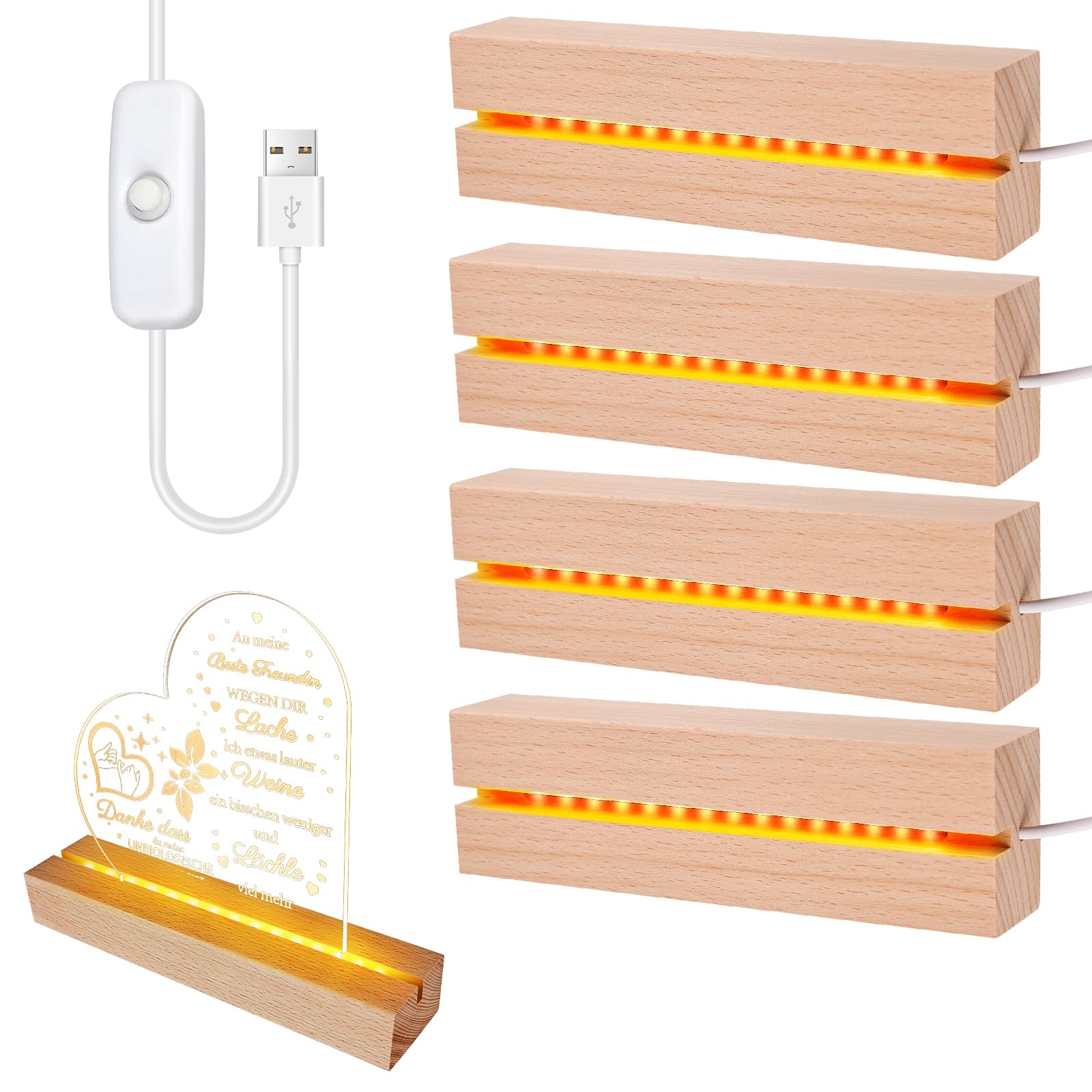 Socle LED En Bois Pour Présenter Objets - 4 Supports Lumineux Avec Plaque Acrylique - Lumière Chaude USB - Idéal Cristaux, Résine, Décor
