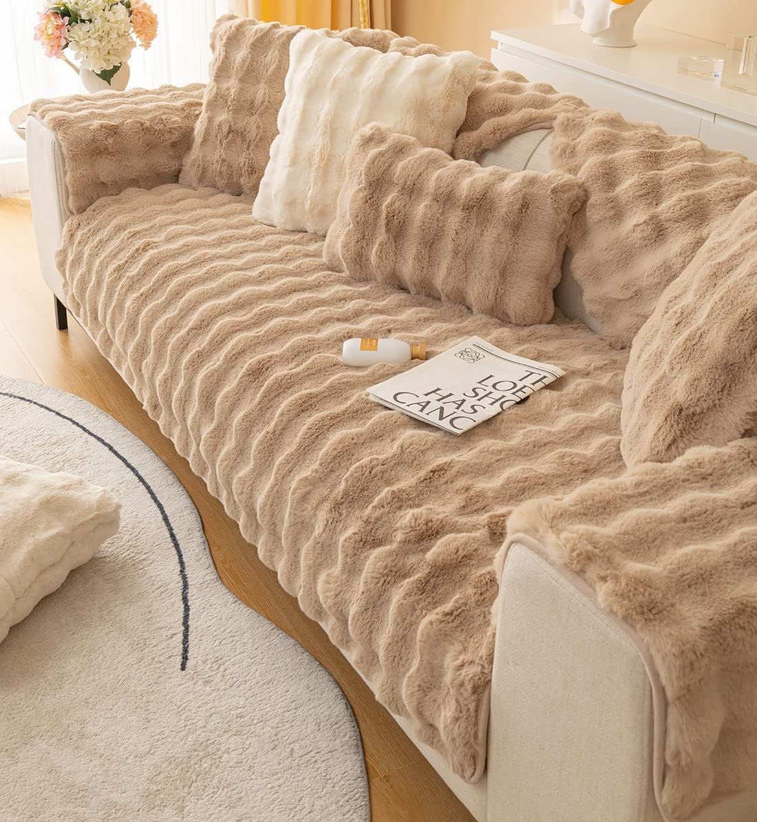 Soft Warm Faux Fur Couch Sofa Cover Thick Shaggy Fuzzy Sectional Couch Cover Non-Slip Solid Color Plush Sofa Slipcover Furniture Protector for Kids, Pets (Coffee,28"x82")