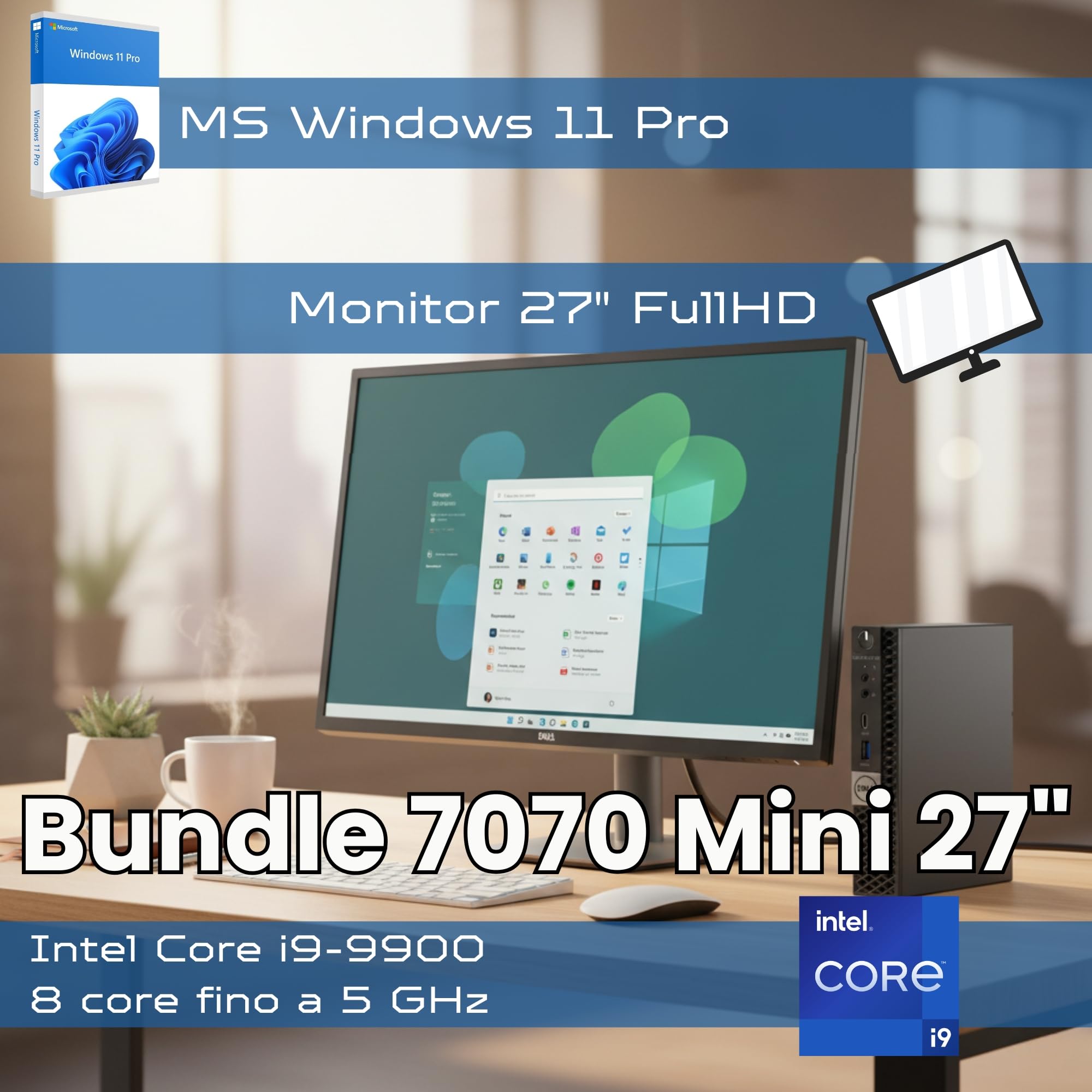Bundle PC Dell OptiPlex 7070 Micro + Monitor Dell 27 Pollici Full HD | Intel Core i9 8 Core 16 Thread fino a 5.0 GHz | 16GB DDR4 | SSD NVMe 512GB | Windows 11 Pro | Garanzia 36 Mesi