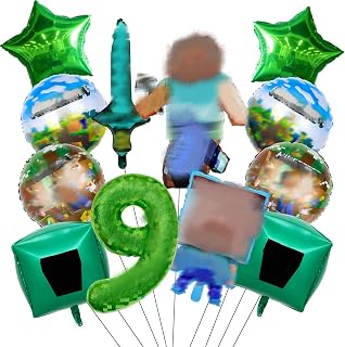 Geburtstag Deko für Jungen Gamer, 9 Jahre Kinder geburtstag Luftballon deko, 12 Stück enthält Charakter, Runde Folien, Pentagramm, Zahlen, Quadrat, Schwert ballon, Geeignet für Jungen und Mädchen