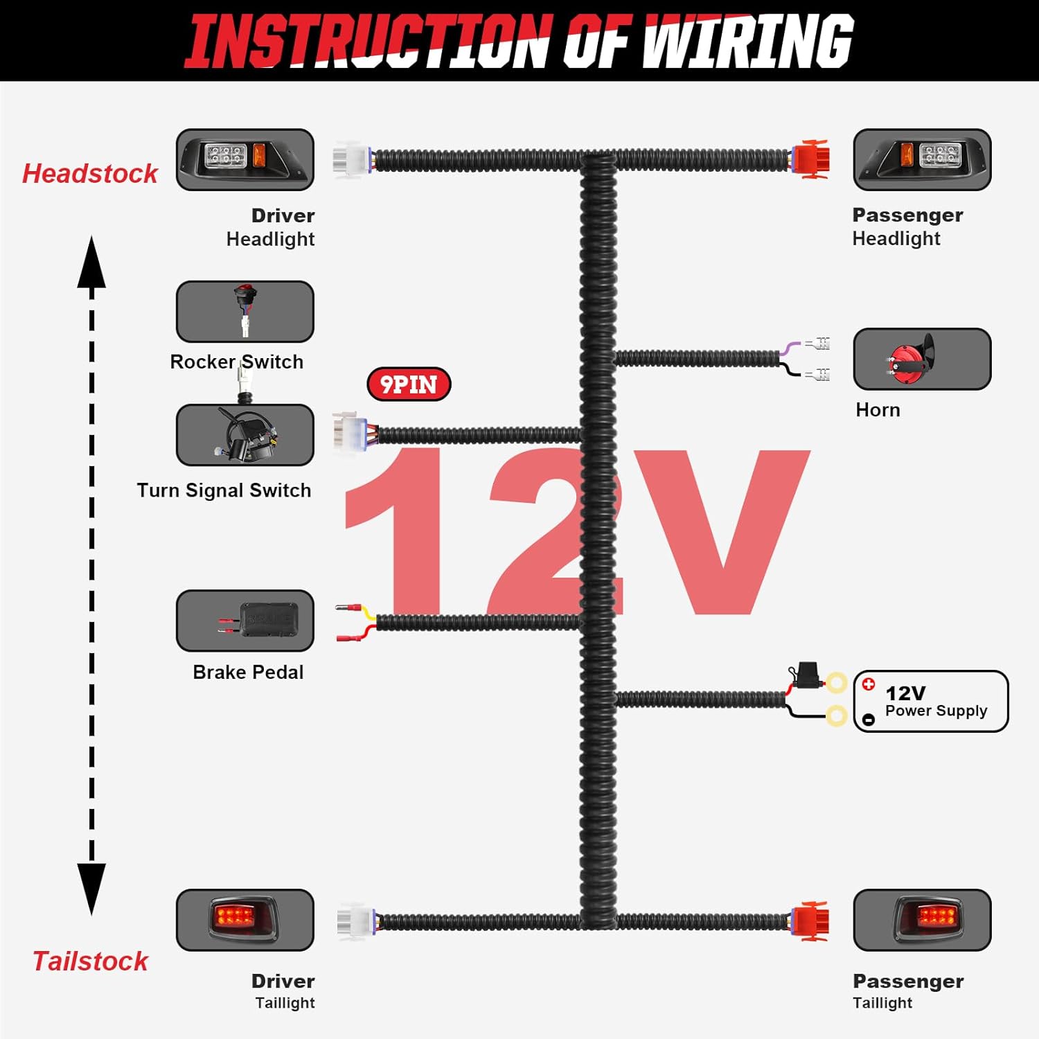 EZGO LED Headlight Tail Light Kit, Golf Cart Headlight Taillight Kit for EZGO TXT 1996-2013 Gas&Electric, LED Headlight Taillight Kit with Turn Signal Kits Horn Brake Pad Wire Harness Taillight, 12V