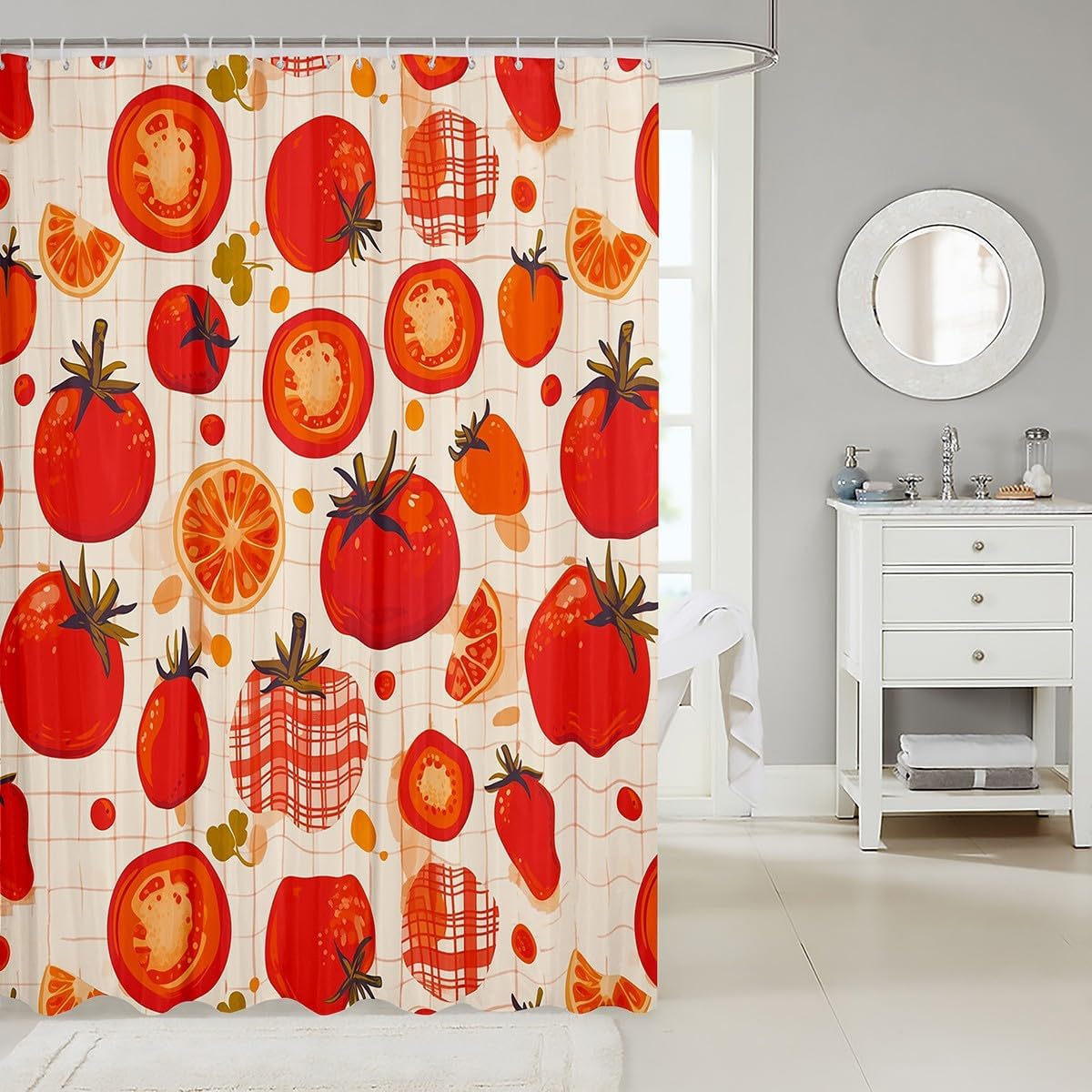 Erosebridal Cartoon Vegetable Waterproof Bathroom Curtain for Toddler Tomato Shower Curtain 72x78,Red White Plaid Printed Bath Curtain Botanical Theme Waterproof Cloth Kids Boys Girls Room Decor