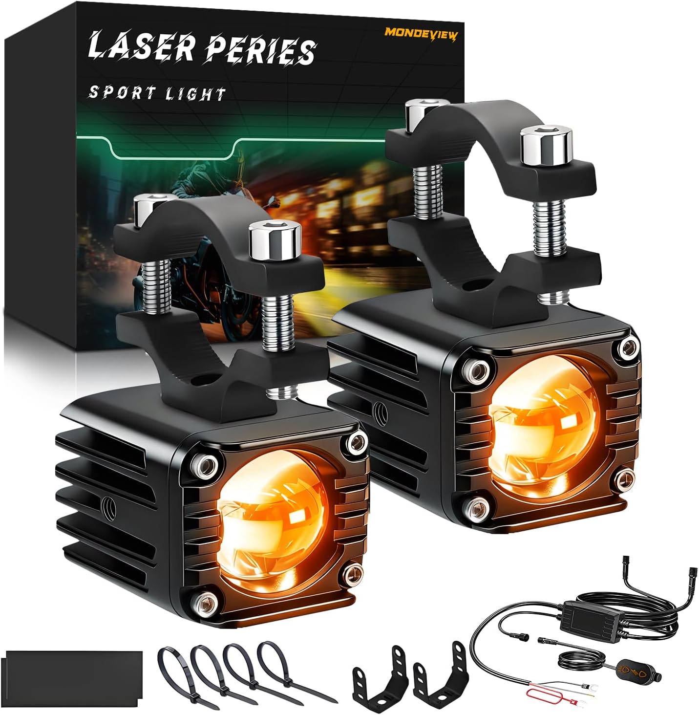 MONDEVIEW Motorcycle Auxiliary LED Light Kit Driving Spotlights Fog Lights with Mount Brackets Wire Harness Waterproof, Amber/White High & Low Beam, Compatible with Motorcycles, ATVs, and UTVs, 2PCS
