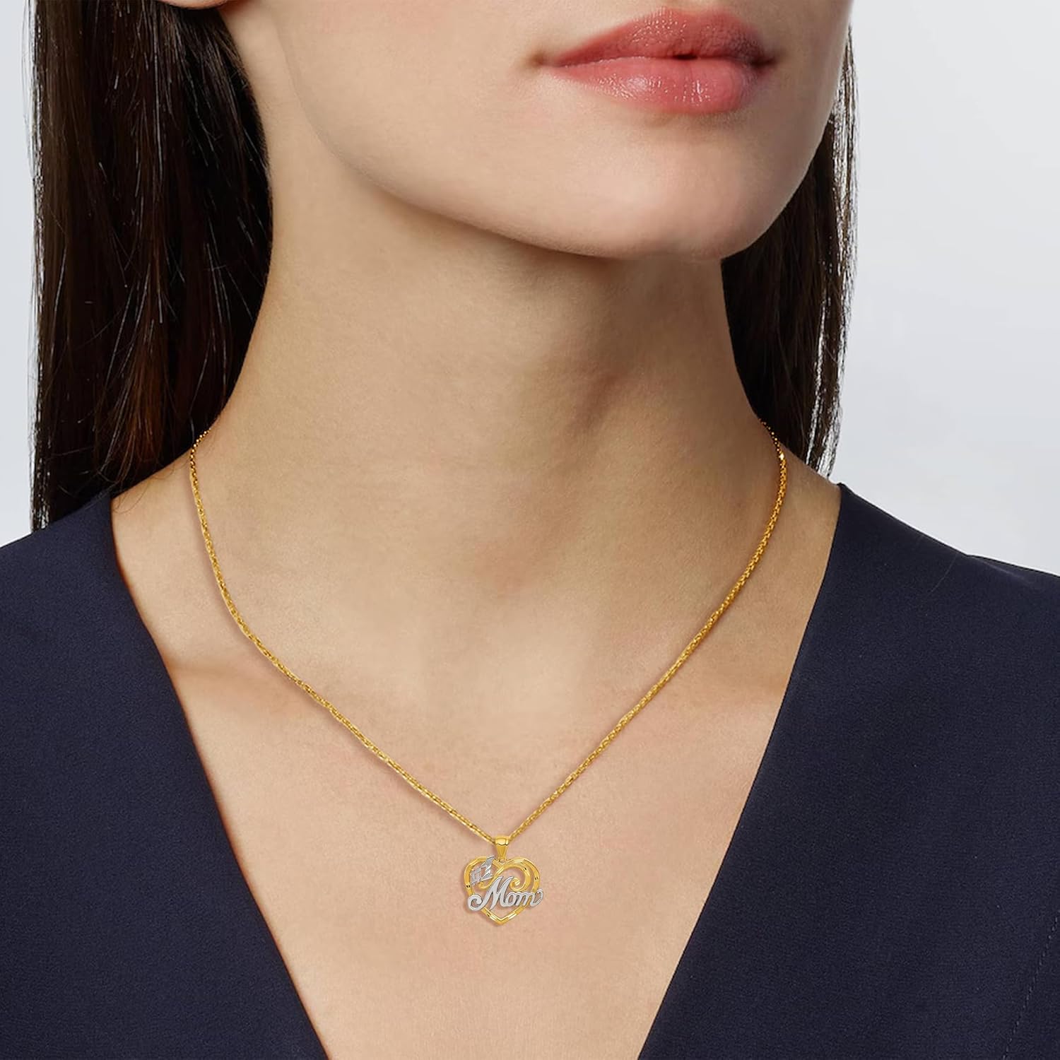 DewberryDiamonds 14k Yellow Gold and White Rhodium #1 MOM Heart Pendant for Mother's Day (Weight : 1.46 gm, Length : 22 mm, Width : 20 mm)