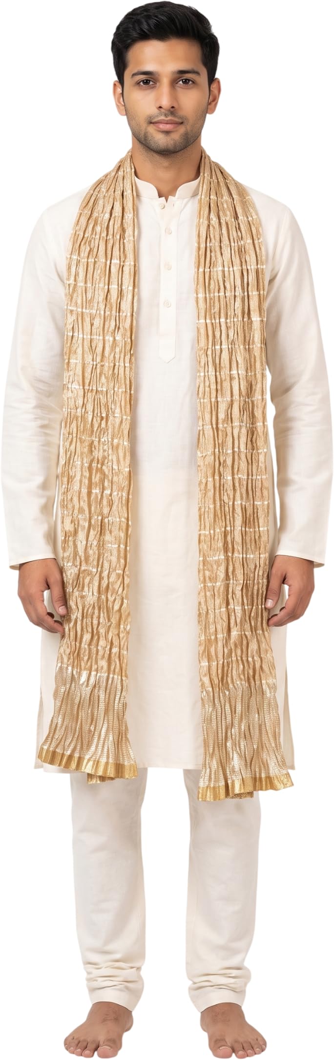 Premium Golden Crushed Silk Wedding Dupatta for Sherwani, Kurta, Gold Lurex Pinstripes, 92 x 34 Inches, Ultra-Lightweight 75g, Crushed Silk Blend, Ethically Crafted-image-38