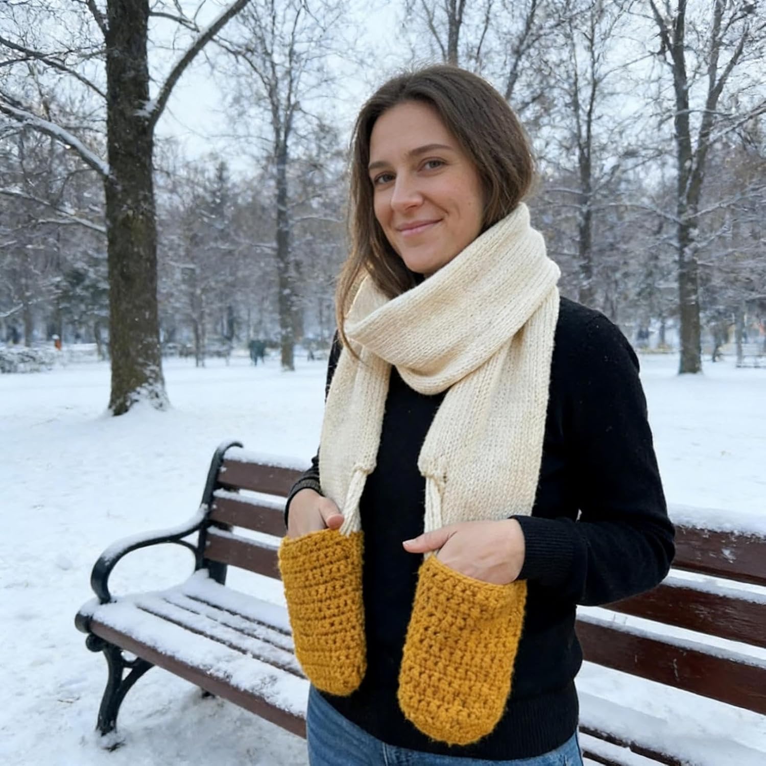 Cheese Stick Scarf, Winter Funny Pull Knit Winter Scarf with Pockets Novelty Gift for Lovers, Soft Comfortable