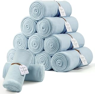 12 Pack Dusty Blue Flannel Throw Blankets Bulk 50 x 60 Inch with to Have to Hold Card and Rope Wedding Fleece Throw Blanket for Wedding Gifts Bed Couch Sofa Season Soft Lightweight(Dusty Blue)