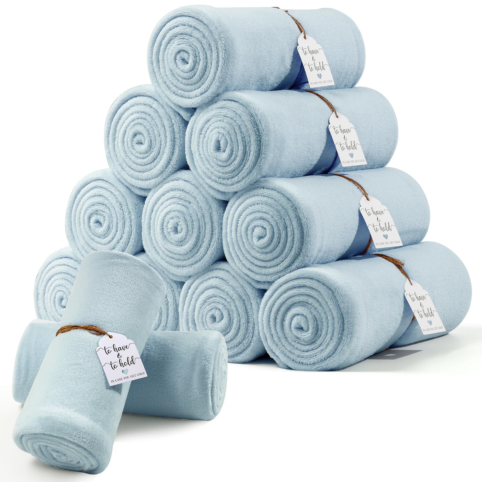Photo 1 of 12 Pack Dusty Blue Flannel Throw Blankets Bulk 50 x 60 Inch with to Have to Hold Card and Rope Wedding Fleece Throw Blanket for Wedding Gifts Bed Couch Sofa Season Soft Lightweight(Dusty Blue)