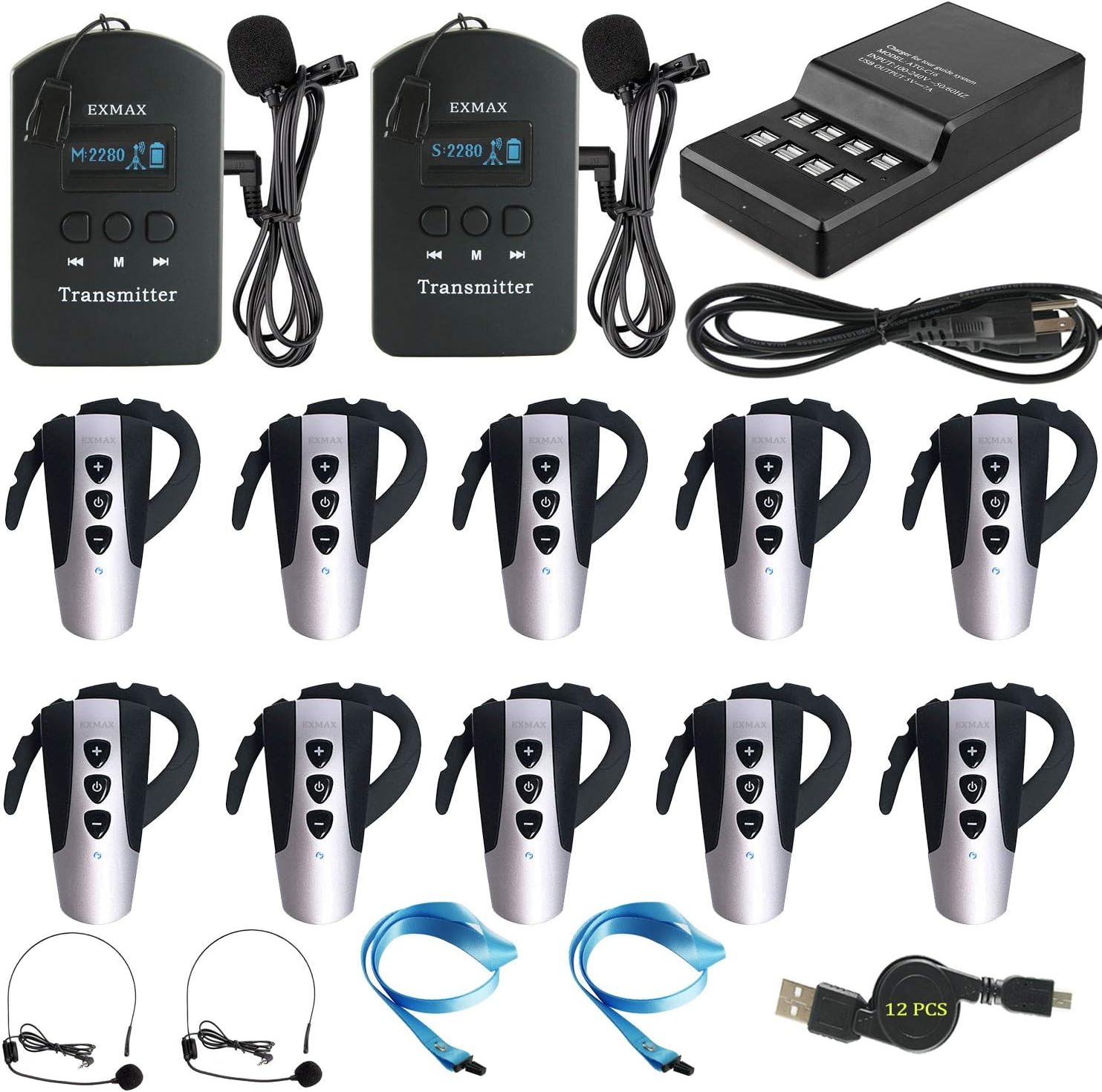 EXMAX 9999 Channels Wireless Tour Guide System Church Translation 2.4G Audio Voice Transmission for Training Teaching Tour Guide Exhibition Presentations-2 Transmitters 10 Receivers + Charger Base