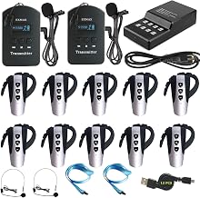 EXMAX 9999 Channels Wireless Tour Guide System Church Translation 2.4G Audio Voice Transmission for Training Teaching Tour Guide Exhibition Presentations-2 Transmitters 10 Receivers + Charger Base