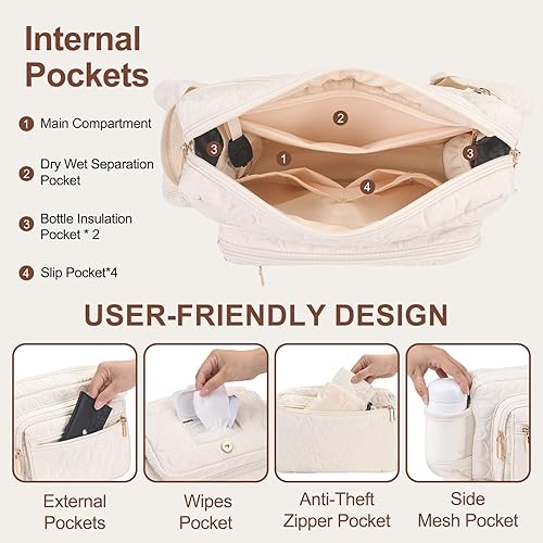 Miniatura 6 de Rexmore Riñonera para pañales con cambiador portátil, cintura cruzada ajustable para mujer, Blanco hueso, Bolsa de pañales pequeña de moda