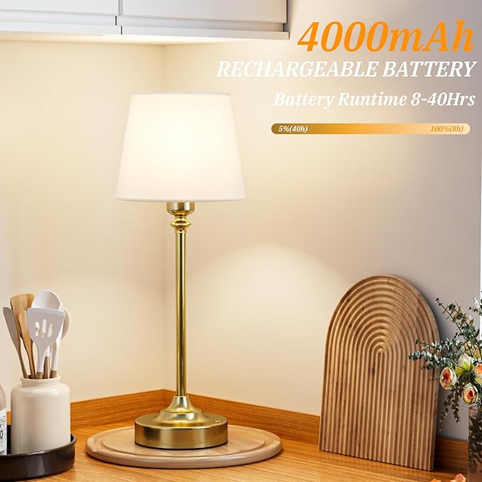 Kakanuo Cordless Table Lamp Rechargeable Gold - 1 Pack Brass 4000mAH Battery Operated Lamp for Decor, 3000K Stepless Dimming Touch Control Wireless Lamp for Bedroom, Dining Table, Counter, Living Room photo 3