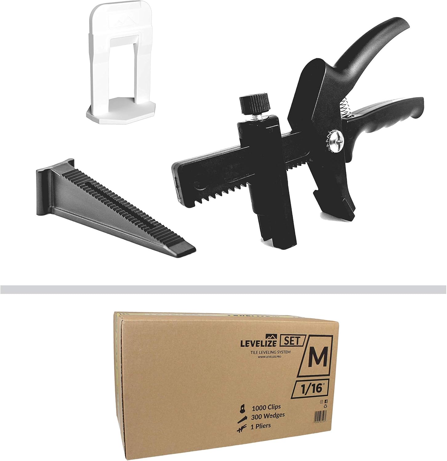 Levelize Lippage Tile Leveling System Set M. 1000 pcs - 1/16” Leveler Spacers (Clips), 300 pcs - Reusable Wedges and 1 Snapping Pliers - Floor & Wall Tiles Installation for Professionals & DIYs - - 