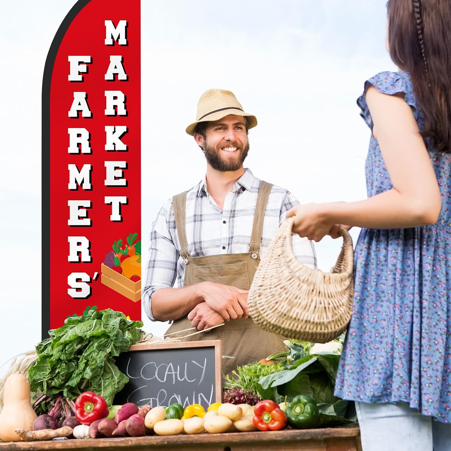CroBlissful 15 ft Farmers Market Advertising Feather Flag with Pole and Ground Stake, Fresh Produce Farmers Market Swooper Flag Banner Decor for Fruits Vegetables Fresh Produce Food Business Stands