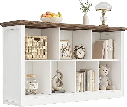 Unikito Cube Storage Organizer Bookcase with Base, Modern Wooden 2 Tiers Low Horizontal Bookshelf for Home and Office, Warm White and Brown