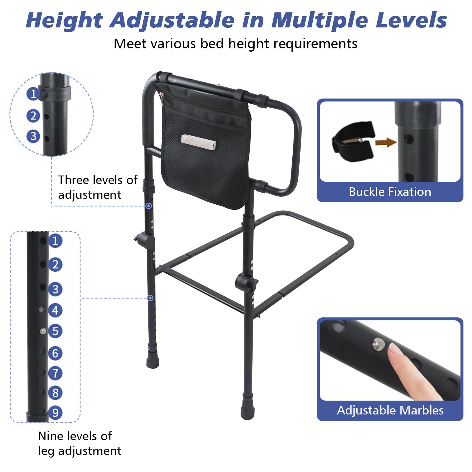 JAOGAUS Letto di supporto con gamba di prolunga, maniglia per letto in piedi, supporto per il letto, supporto per alzarsi, altezza regolabile in altezza, protezione laterale regolabile da 43 a 59 cm