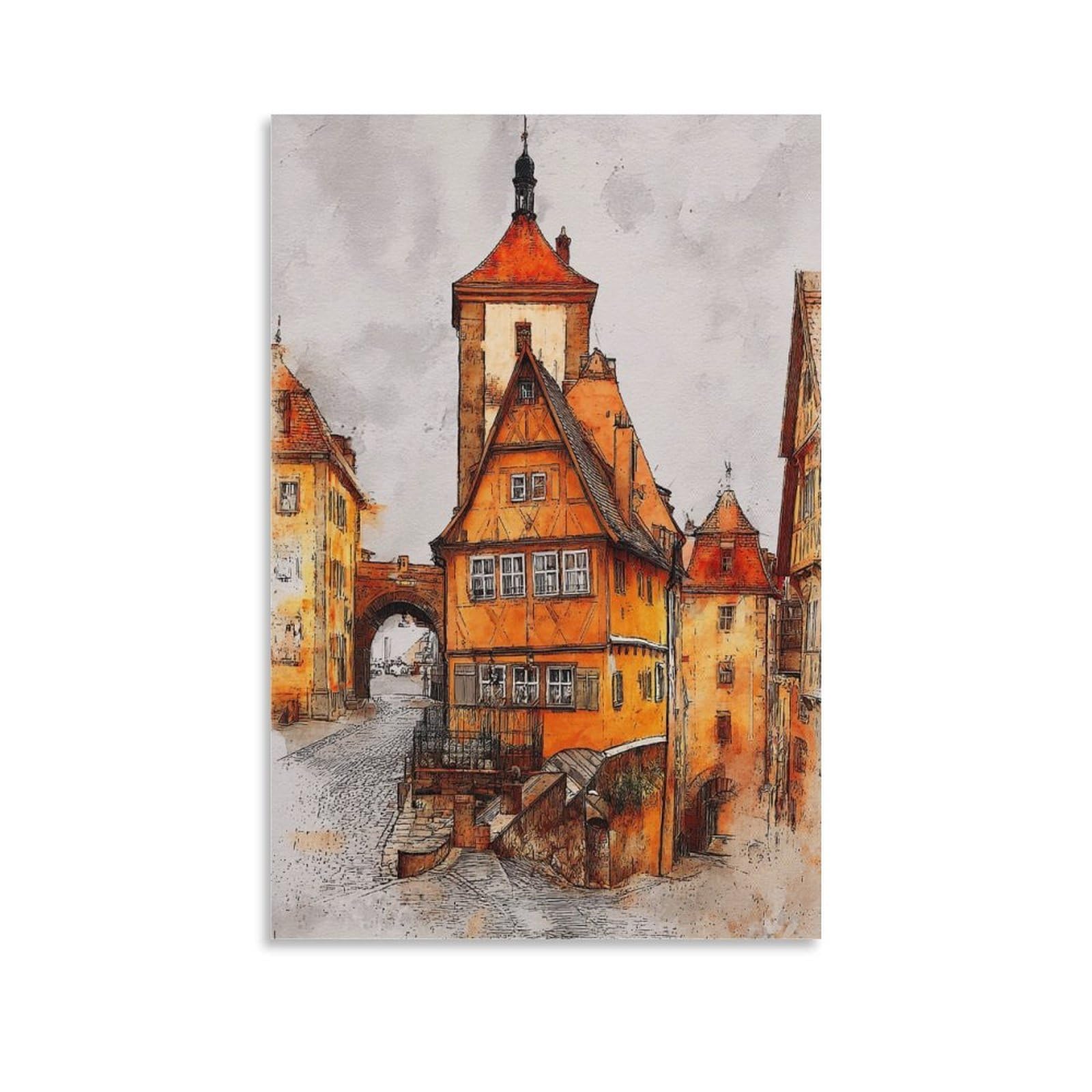 Lcynnh Unframe-Style Rottenburg Germany 24X36inch(60X90cm) Vintage Travel Poster Watercolor Canvas Art