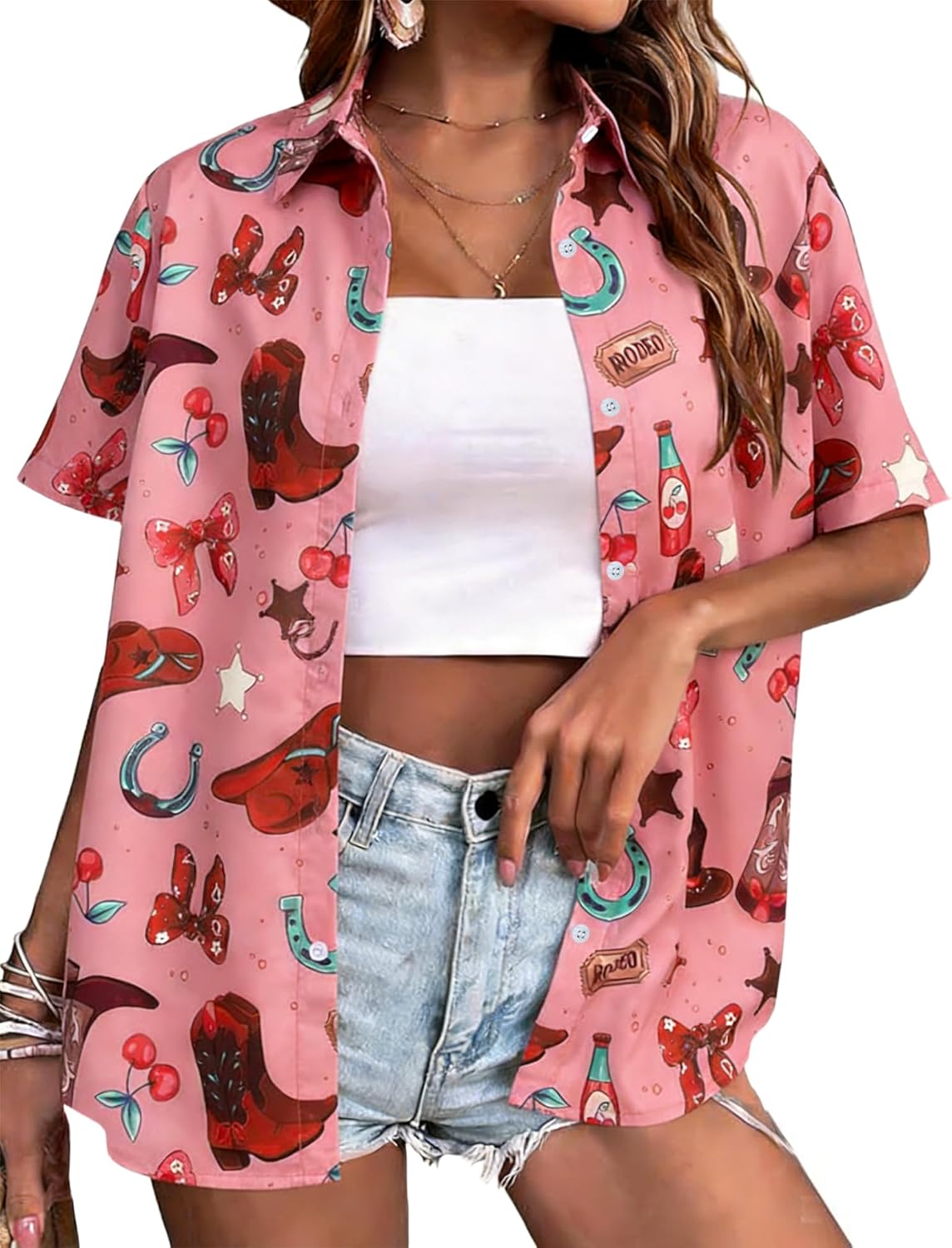 JINTING Western Shirt for Women - Vintage Cowboy Cowgirl Button Down Country Concert Outfits Print Short Sleeve Tops