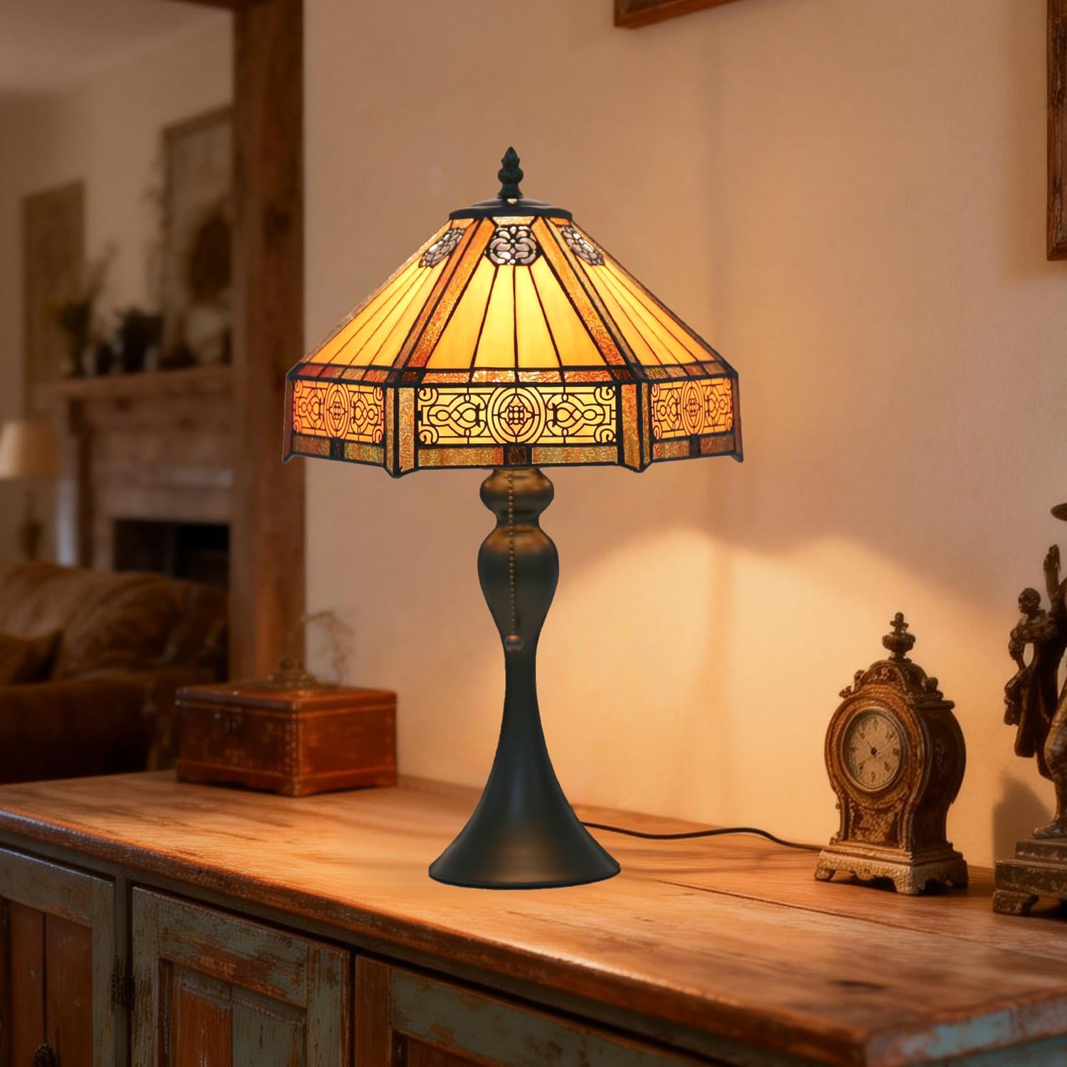 Tiffany Style Stained Glass Table Lamp with Vintage Metal Base, 12x12x19 Inch Desk Light, Orange