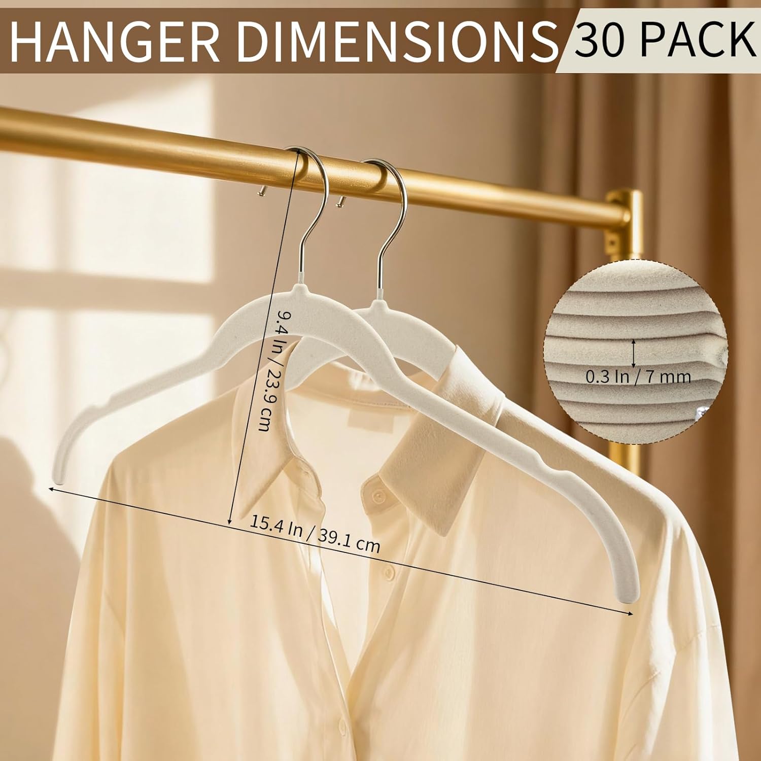30 Pack Premium Velvet Shirt Hangers, Non-Slip Slim Flocked Felt Hangers, Space-Saving Coat Hanger with 360° Swivel Hook for Sweaters, Tops, Blouses, Strappy Dresses