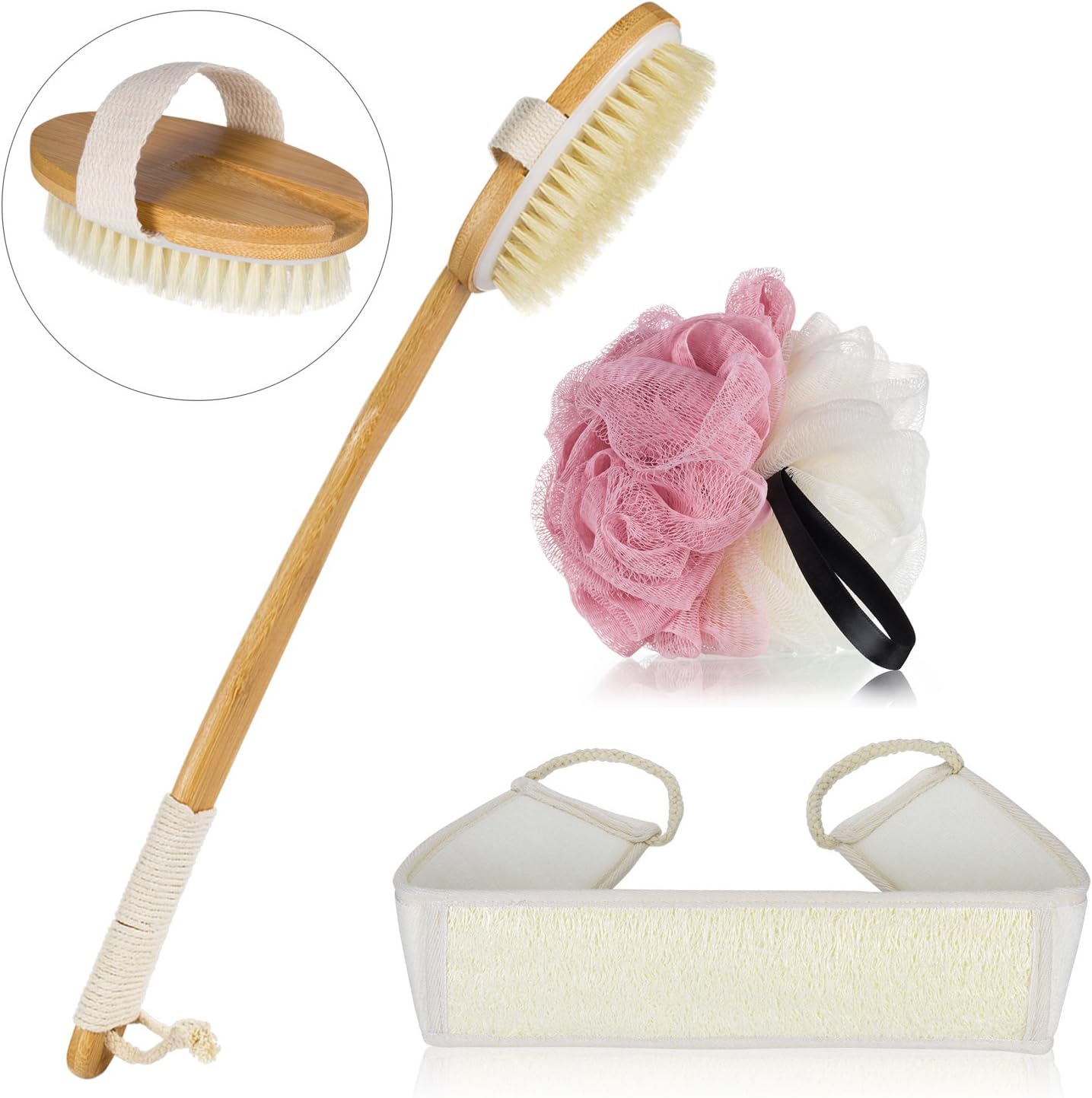 Bath Brush Set with Loofah Back Scrubber and Shower Sponge - Long Removable Curved Handle, Natural Boar Bristles Body Brush for Dry Skin Brushing, Exfoliating and Cellulite