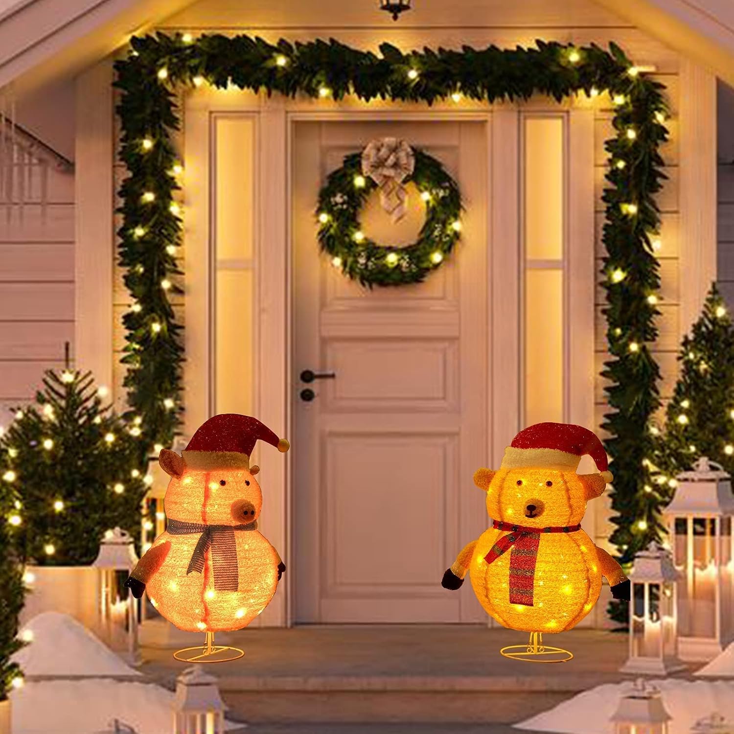 Vanthylit Easter Decorations, Set of 2 30" Fluffy Foldable/Pop Up Bear and Pig with 100LT Warm White LED Plug in Lighted Collapsible Christmas Decorations for Indoor Outdoor Use