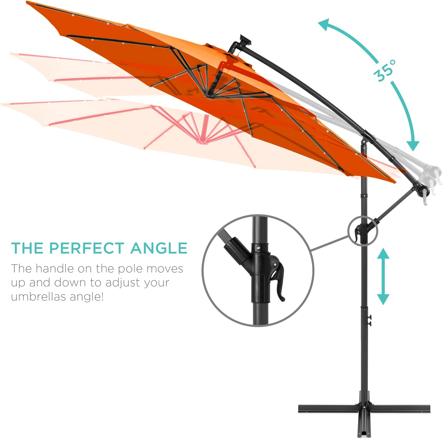 Best Choice Products 10ft Solar LED Offset Cantilever Hanging Market Patio Umbrella, 8 Sturdy Ribs, Easy Adjustment - Orange