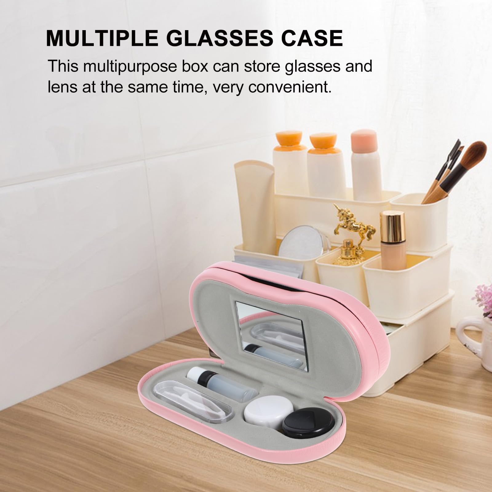 GALPADA Estuche para Lentes de Contacto y Caja para Gafas Multiusos de Doble Capa Espejo y Soporte Portátil de PU, a Prueba de Fugas, Adecuado para Viajes y Uso Diario