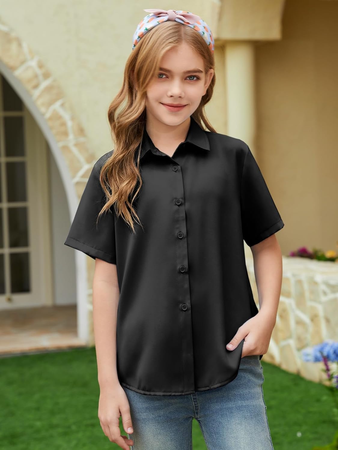 ZDC Girls Short Sleeve Dress Shirts Kids Summer School Uniform Button Down Shirt 5-14 Years - Image 3