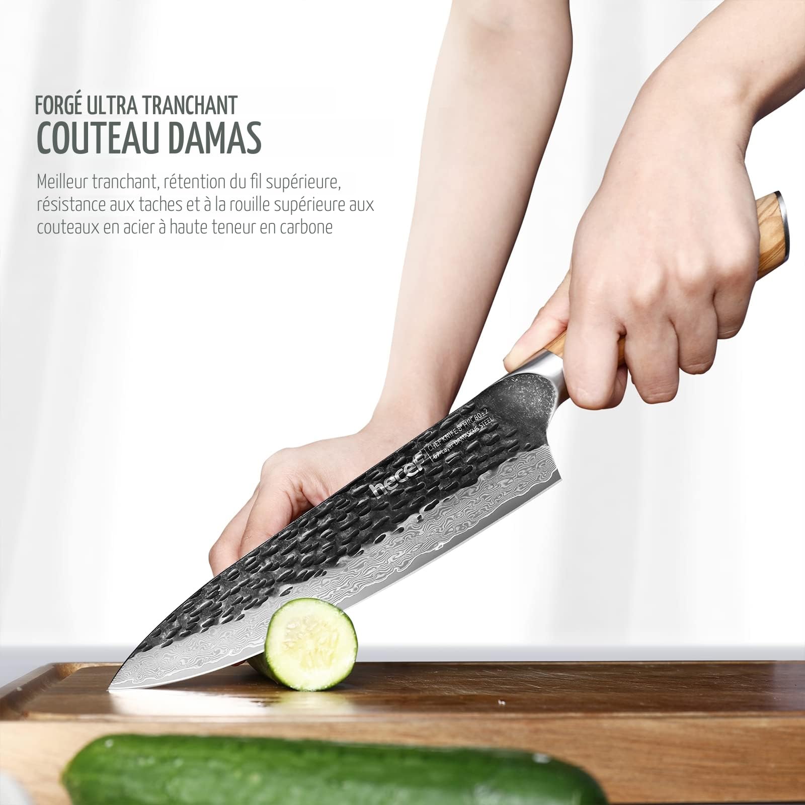 hecef Couteau de Cuisine Damas 20 cm avec Manche en Bois d'Olivier | Couteau japonais professionnel en acier Damas 67 couches, idéal comme couteau chef pour viande, légumes et cuisine maison