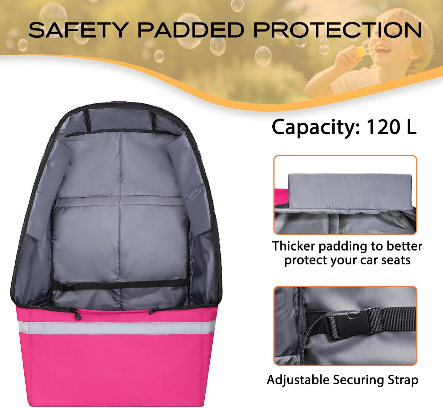 LARIPOP Car Seat Travel Bag for Airplane, Universal Gate Check Car Seat Bag, Padded Backpack with Waist Belt, Reflective Strips & Protective Feet, Fits Infant Convertible Booster Seats, Pink