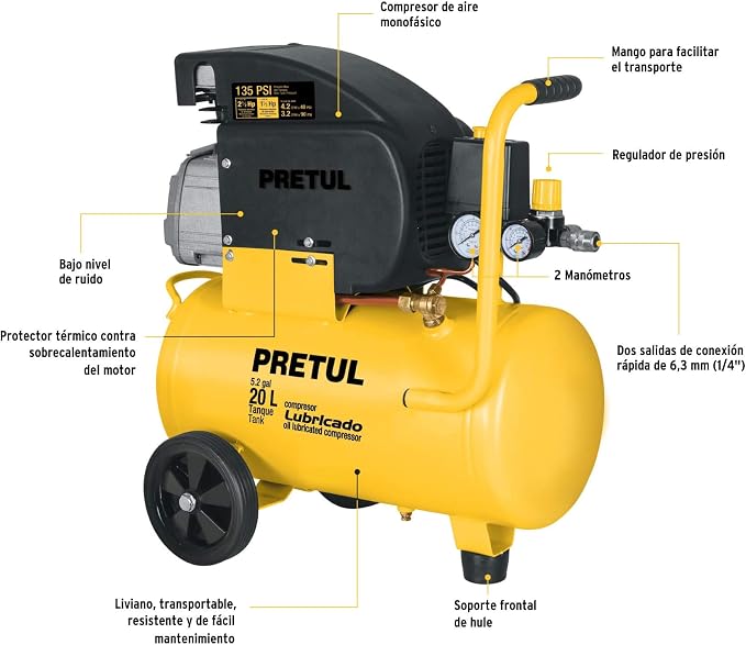 Amazon.com: Compresor, 20 L, 2-1/2 HP (potencia máxima), 120 V, Pretul :  Herramientas y Mejoras del Hogar