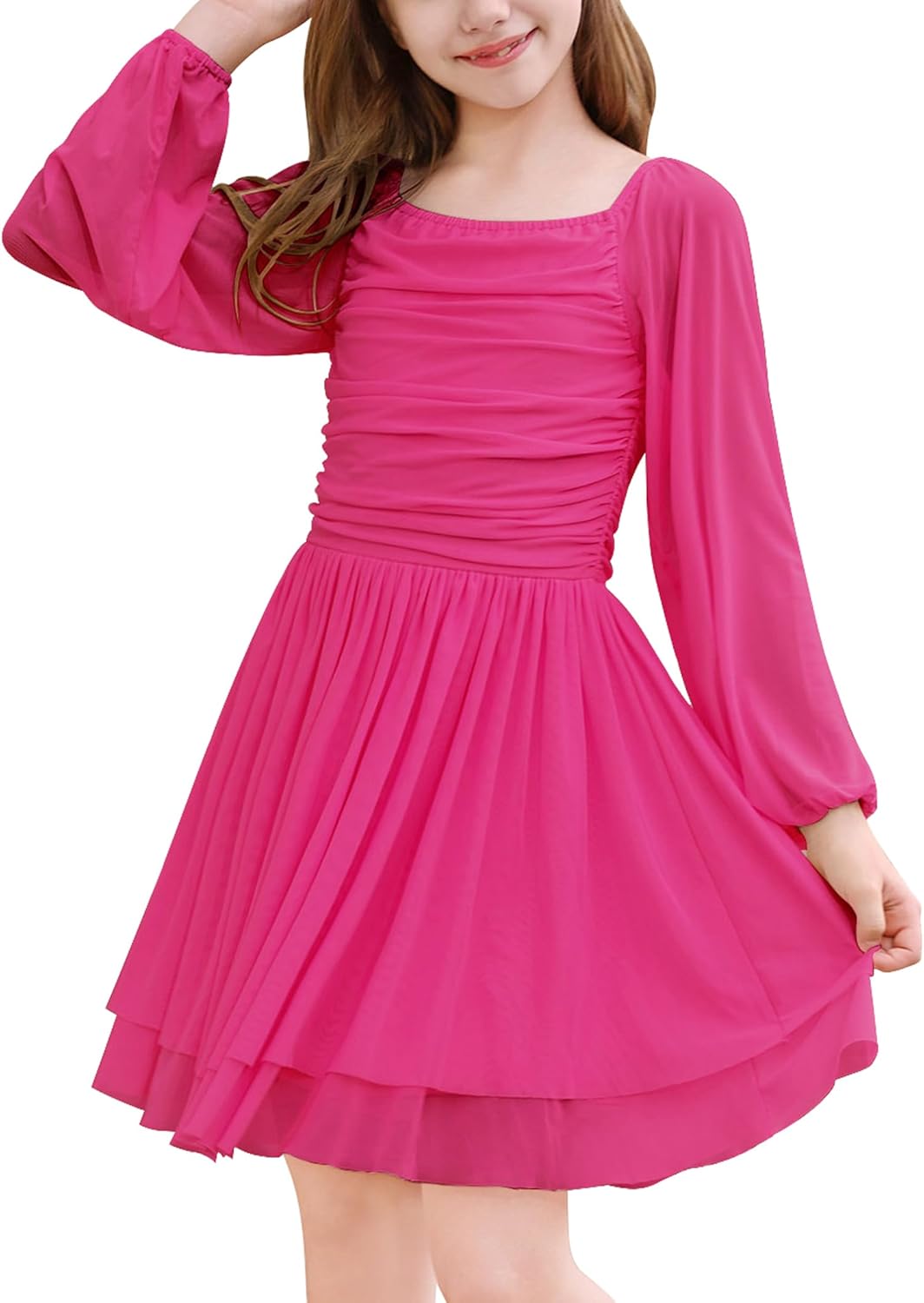 IBAKOM Teen Girl Puff Long Sleeve Square Neck Prom Dress Junior Homecoming Wedding Outfits Tween Fancy Pageant Birthday Dress