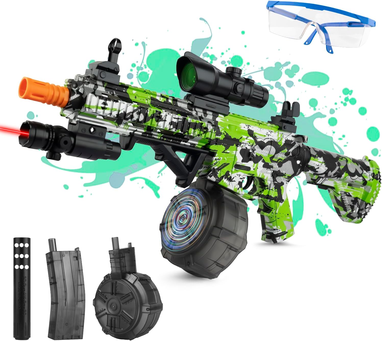 Large Gel Ball Blaster with Drum & Mag, Automatic and Manual Splatter Blaster, Electric Splat Blaster (Green)