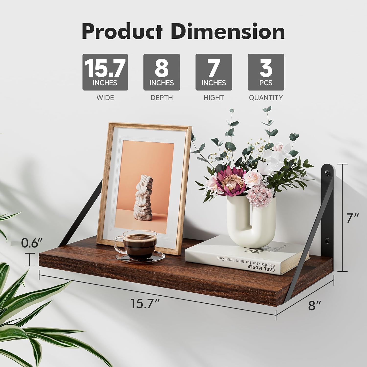 Floating Shelves for Wall, 15.7W x 8D Wide Bookshelf with Brackets Set of 3, Wood Wall Mounted Shelves for Living Room, Kitchen, Bathroom, Bedroom and Decor Storage - Walnut