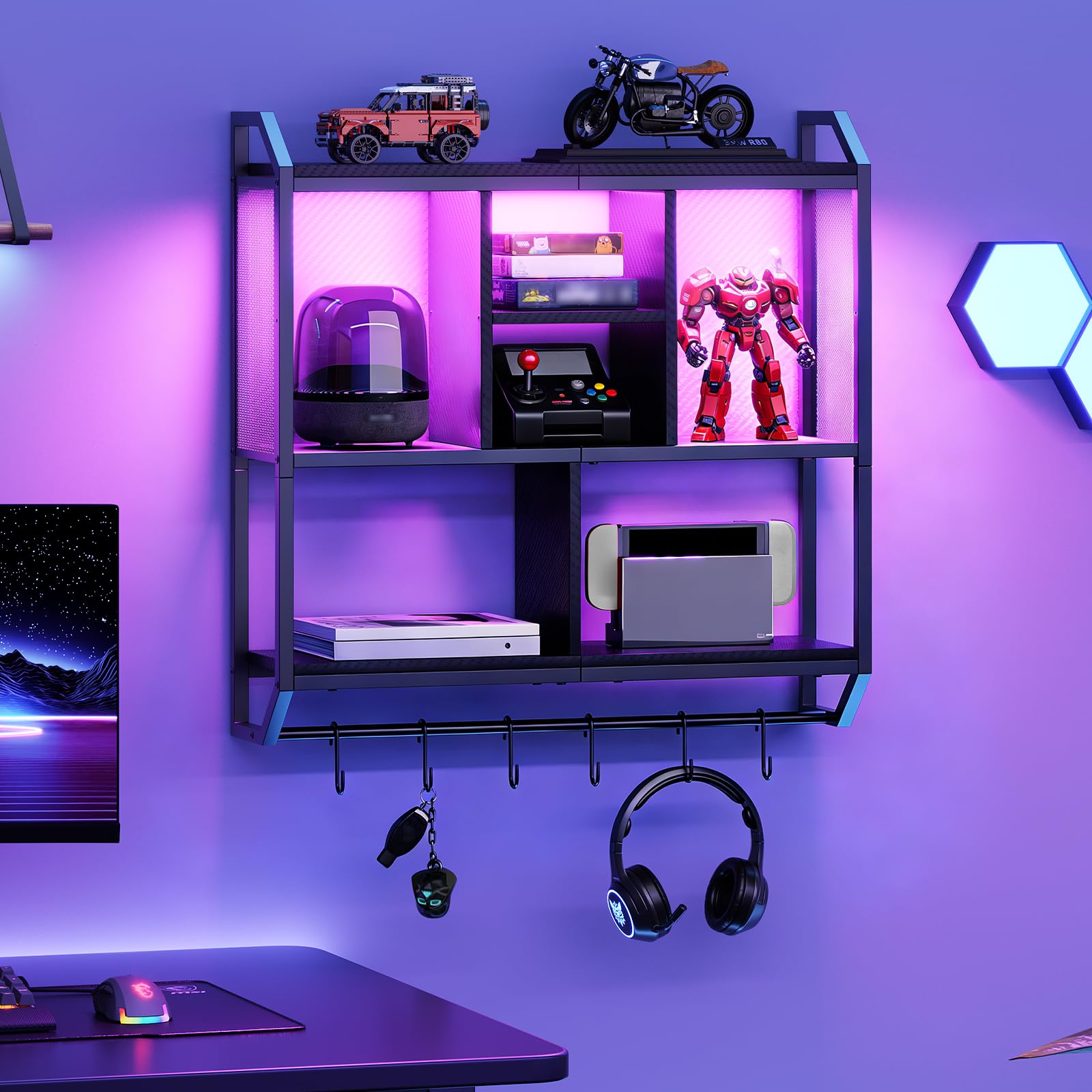 HOOBRO Mensola da Muro a 4 Livelli, Mensola da Cucina a LED, Scaffale Verticale a Parete, Galleggiante con Striscia LED, 6 Ganci, per Sala Giochi, Cucina, Bar Caffè, Bar, Nero EBB70DBJ01