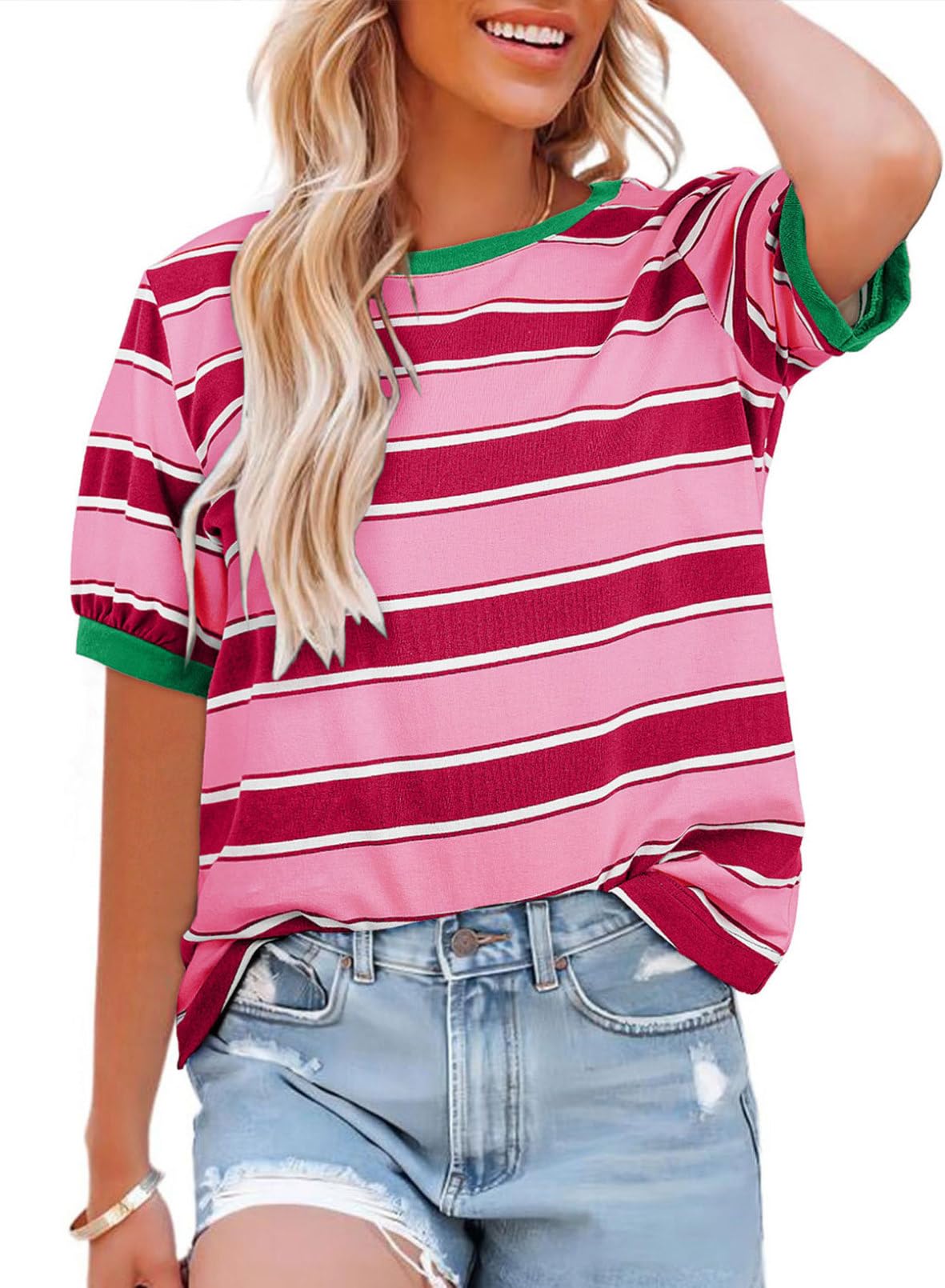 Dokotoo Womens Summer Tops 2025 Striped Color Block Short Sleeve T-Shirts Crewneck Casual Loose Basic Tee Blouses
