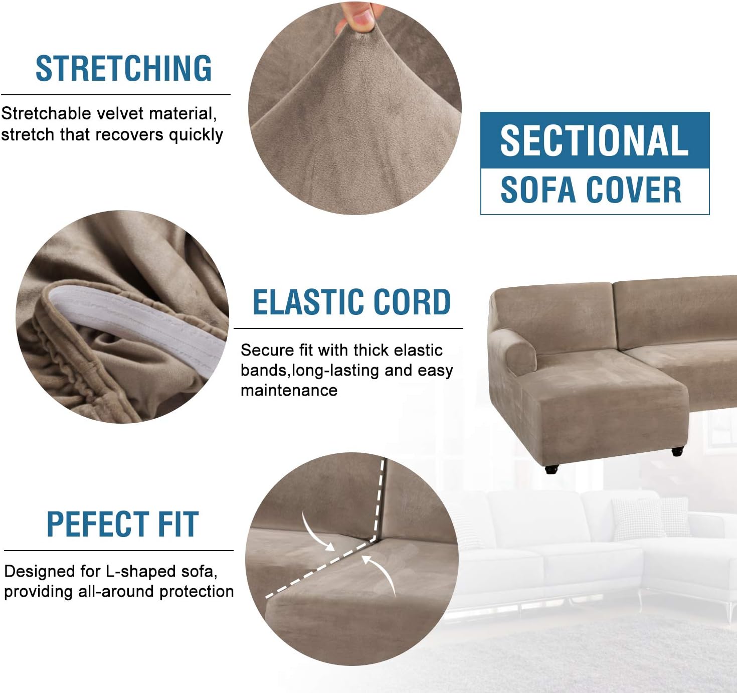 H.VERSAILTEX Thick Velvet Stretch L Shaped Sofa Cover 3-Seat Sofa Sectional Couch Cover 2 Piece Sofa Cover Plus Left Chaise Cover with Non Slip Straps, Soft, Comfy and Bouncy, Taupe