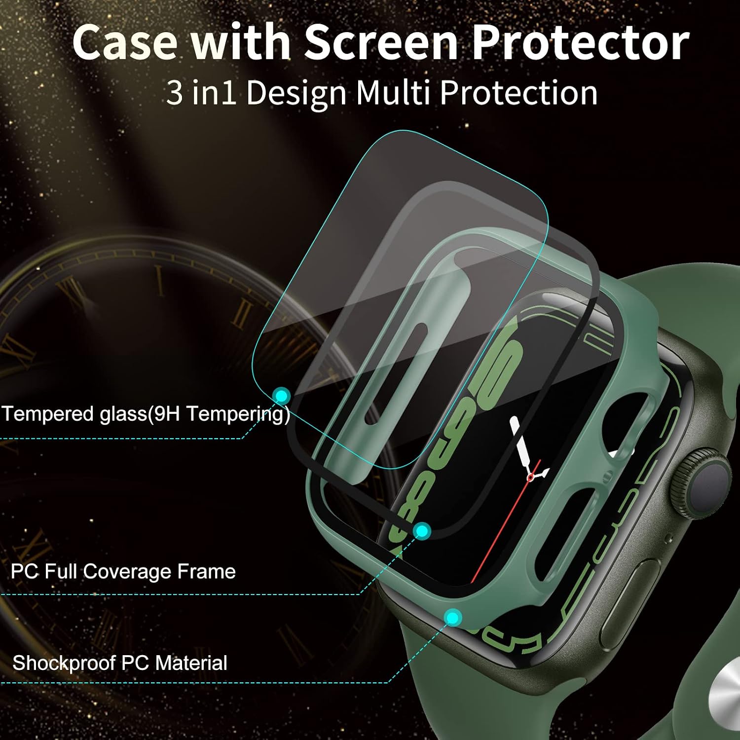 EZCO 4-Pack Hard PC Case Compatible with Apple Watch Series 7 45mm/41mm, Built in Tempered Glass Screen Protector Full Coverage Protective Cover Bumper Smartwatch Accessories Man Women for iWatch 7