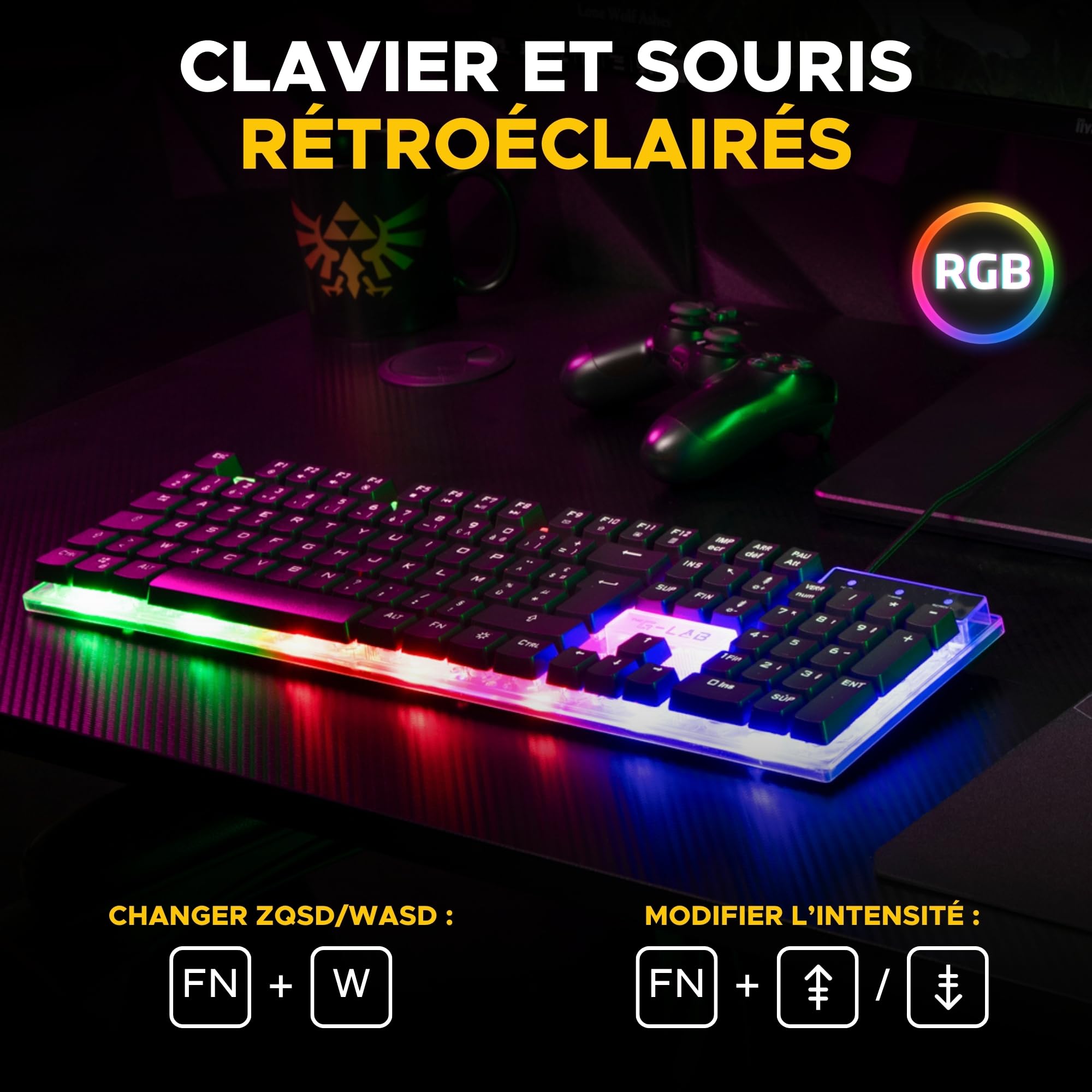 THE G-LAB - Combo Yttrium - Pack Gaming Azerty RGB, Clavier Gamer 105 Touches Et 19 Touches Anti-ghosting - Souris Gamer 2400 Dpi - Tapis De Souris Gaming - Pc Ps4 Ps5 - New