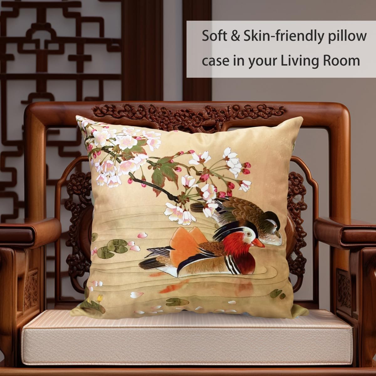 Elegant Chinese Mandarin Ducks & Cherry Blossom Throw Pillow Cover, 18x18 Inch Double Sided Cushion Case for Living Room, Bedroom, Home Decor image 4