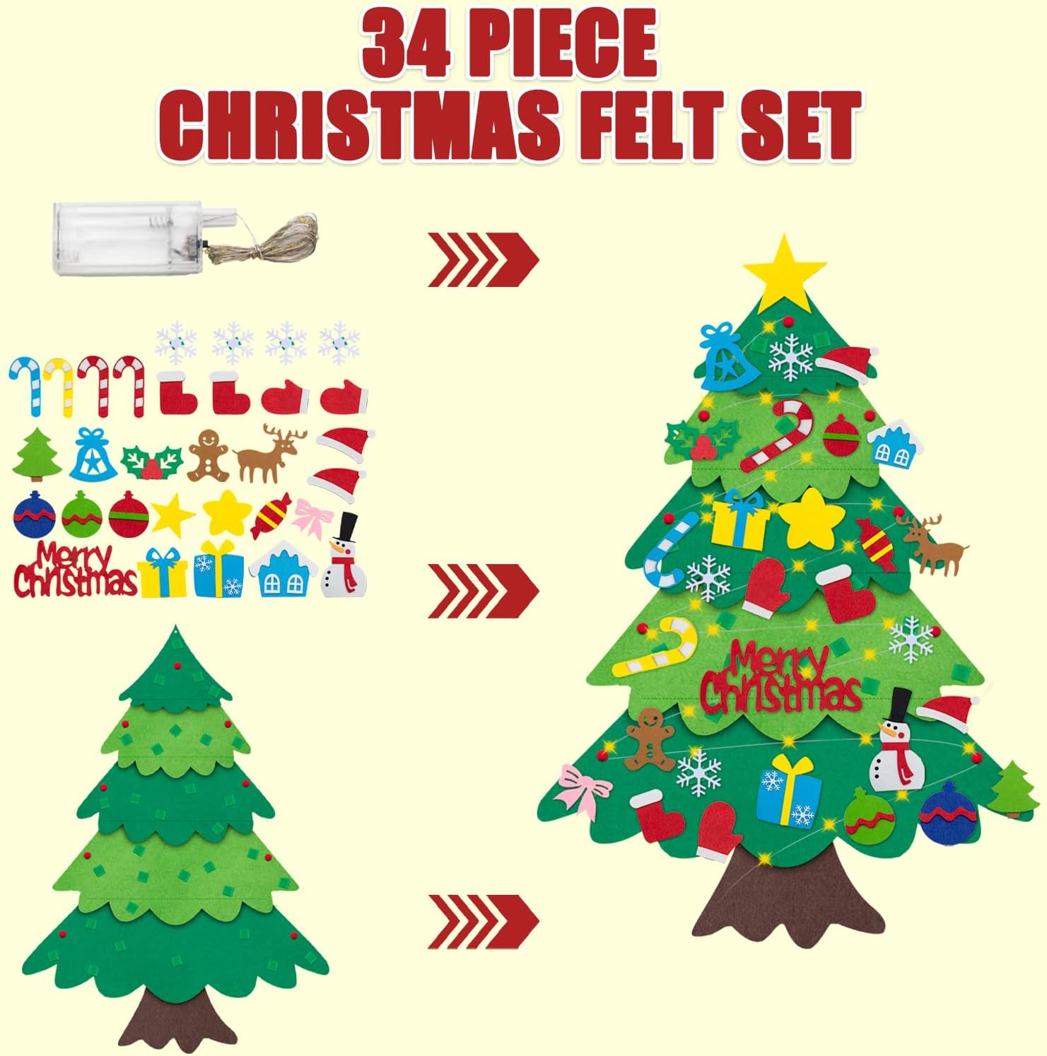 3.1FT DIY Felt Christmas Tree Set, Montessori Felt Christmas Tree for Toddlers, Kids Interactive Xmas Tree with 32Pcs Detachable Tree Ornaments and LED String Lights, Christmas Wall Decor