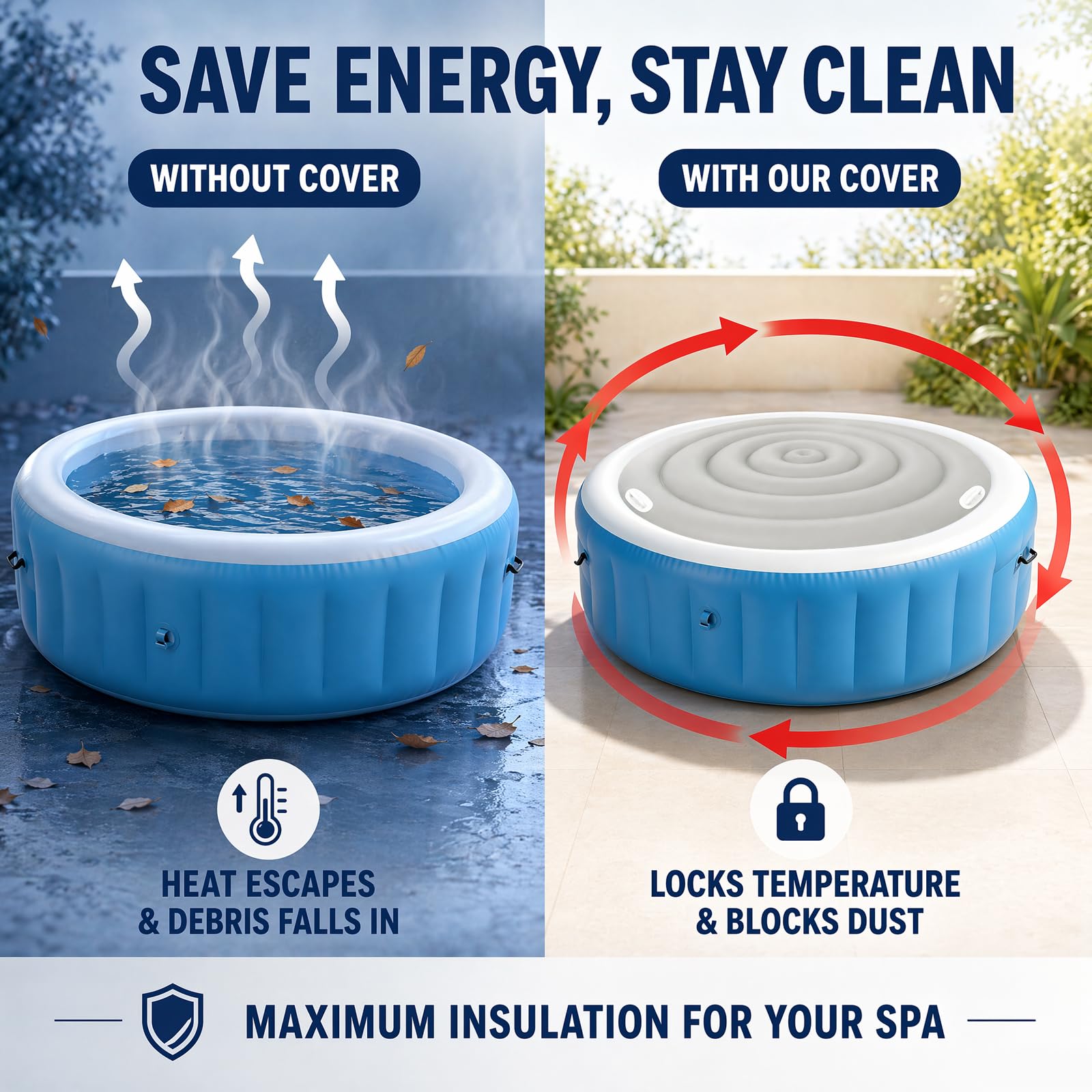 Cubierta hinchable para jacuzzi de bajo consumo con asas, tapa impermeable para spa y jacuzzis inflables (gris, diámetro 165 cm redondo)