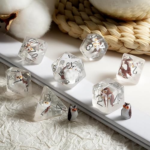 Miniatura 4 de DNDND - Dados DND de búho, 7 dados de resina D&D con bolsa de terciopelo para juegos de rol de Calabozos y Dragones y juegos de mesa (Owl