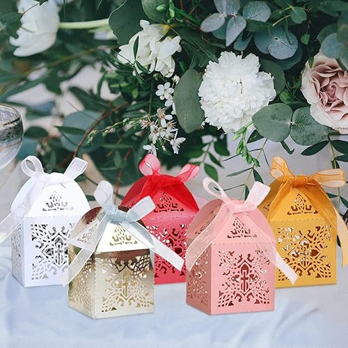 Miniatura 5 de Surakey 50 cajas cortadas con láser, cajas de regalo de agradecimiento, cajas de regalo de encaje para dulces, caja de regalo plegable con cintas