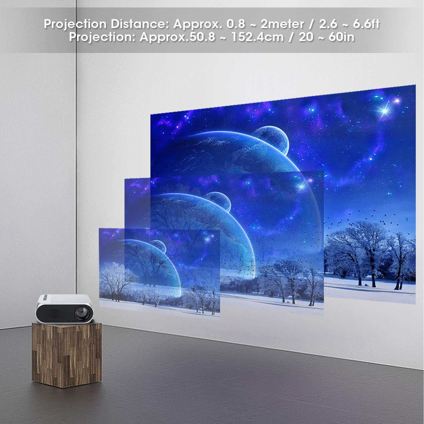 Proiettore Portatile LED da casa Mini 1080P, Messa a Fuoco Manuale 400-600L, Funzione multimediale per filmati Domestici, Compatibile con AV/USB/Scheda di Memoria Micro/HDMI(EU Plug)