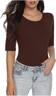 Camiseta genérica de manga media larga para mujer, color sólido, camiseta básica ajustada de manga corta para mujer