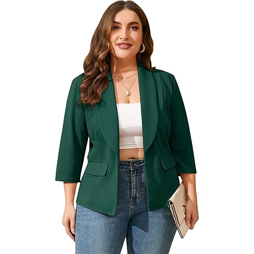 ShopWonder Womens Plus Size Casual Pocketed Blazer Office Open Front 3/4 Sleeve Cardigans Jacket Work Suit