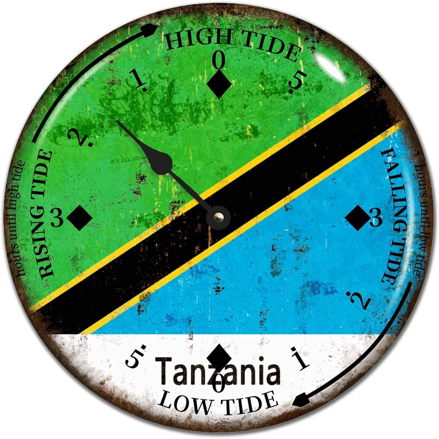 Tanzania National Flag Tide Clock with High Tide Low Tide Tanzania Wood Tidal Clock 15" Non-Ticking Battery Operated Wall Clock Wall Hanging Tide Movement Clock for Beach House